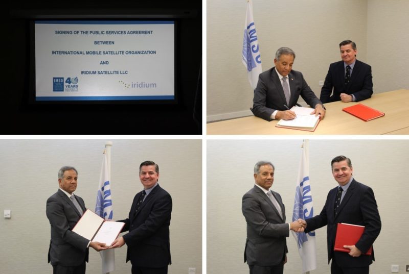 IMSO Director General, Captain Moin Ahmed (left) with Iridium Director of Maritime Safety and Security Services, Kyle Hurst at the Public Services Agreement signing ceremony at IMSO headquarters. Photo: Iridium