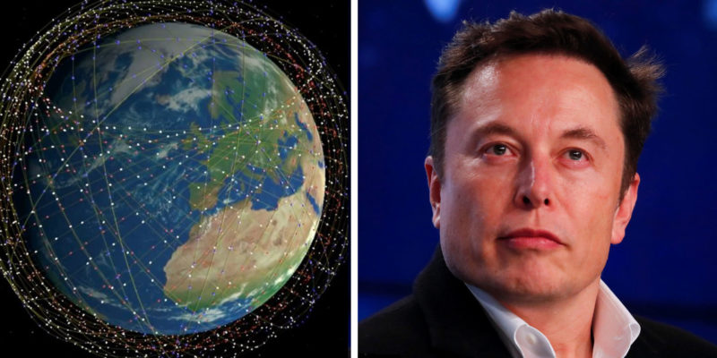 An illustration showing around 4,400 satellites in SpaceX’s Starlink constellation and SpaceX founder Elon Musk at a news conference in March. Photo: Mark Handley/University College London/Reuters/Mike Blake/Business Insider