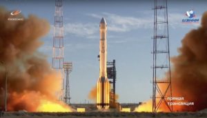In this frame grab taken from video on Saturday, July 13, 2019, and distributed by Roscosmos Space Agency Press Service, a Russian Proton-M rocket takes off from the launch pad at Russia's space facility in Baikonur, Kazakhstan. Photo: Roscosmos Space Agency Press Service photo via AP