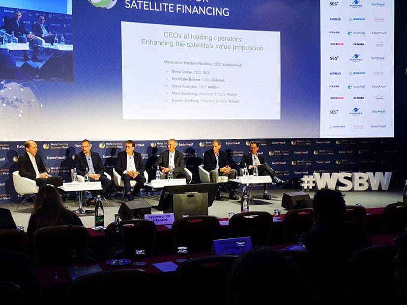 Panel at World Satellite Business Week 2019 featuring SES, Intelsat, Eutelsat, Telesat, and Viasat. Photo: Mark Holmes/Via Satellite