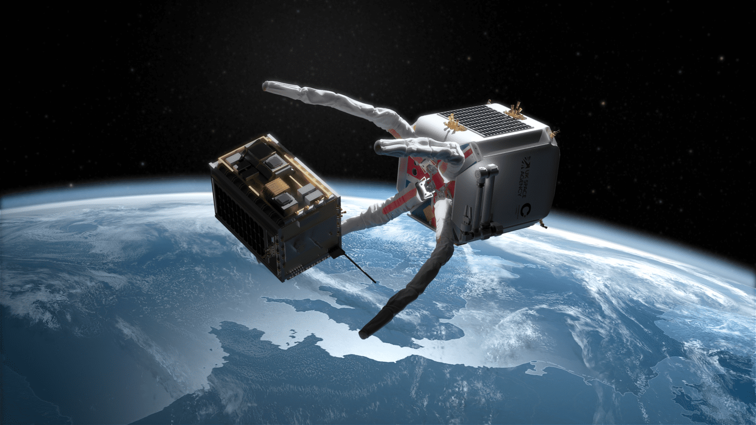 A rendering of the Clear servicer capturing a derelict satellite.