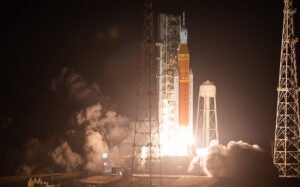 NASA’s Space Launch System rocket carrying the Orion spacecraft launches on the Artemis I flight test, in the early hours of Wednesday, Nov. 16, 2022.