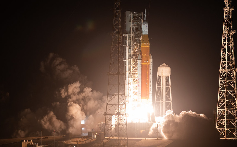 NASA’s Space Launch System rocket carrying the Orion spacecraft launches on the Artemis I flight test, in the early hours of Wednesday, Nov. 16, 2022. 