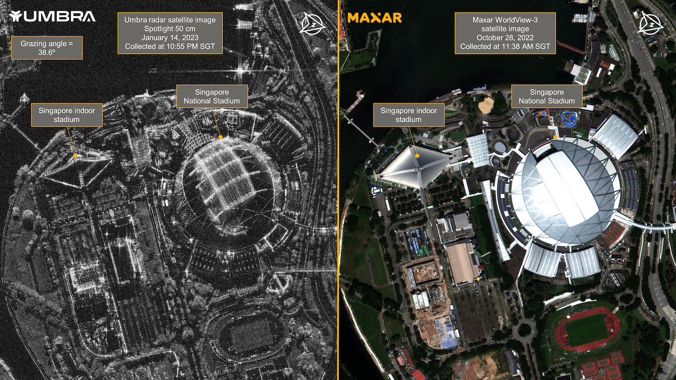 Singapore National Stadium is shown in an Umbra SAR image on the left and a Maxar WorldView-3 satellite image on the right. Photo: Maxar Technologies and Umbra