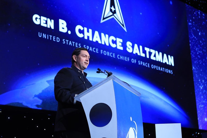 Gen. B. Chance Saltzman is the Chief of Space Operations, United States Space Force speaks on April 19 at Space Symposium. Photo: Space Foundation