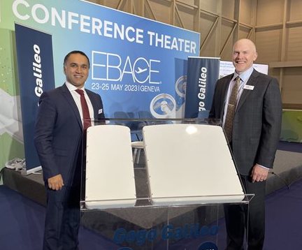 Shuaib Shahid, left, head of international sales for Gogo, and Mark Sander, right senior vice president of sales for Gogo with the newly announced Gogo Galileo FDX antenna on the right and the smaller Gogo Galileo HDX antenna on the left. Photo: Gogo 