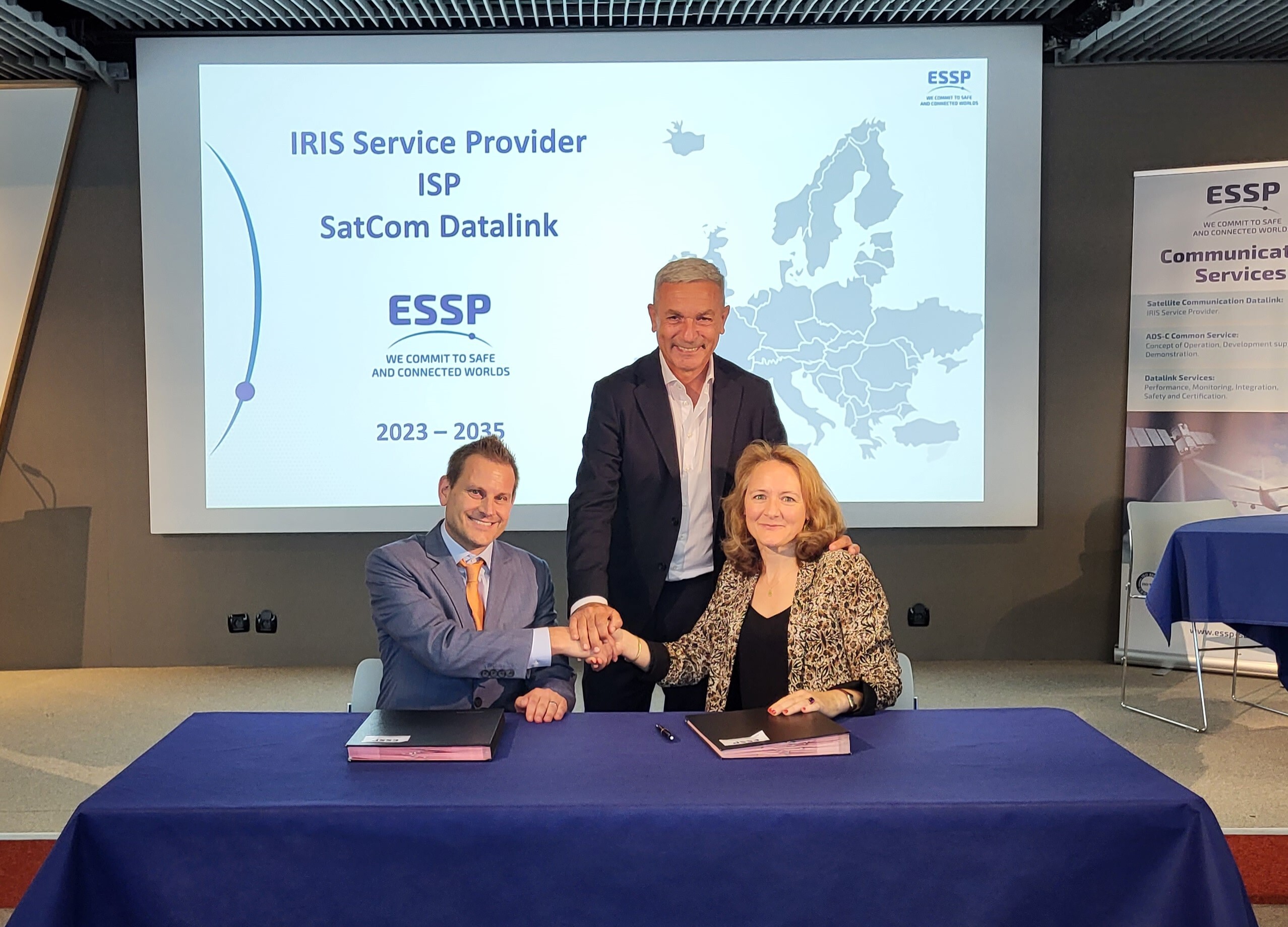 Left to right: Joel Klooster, SVP Aircraft Operations and Safety, Viasat; Antonio Garutti, head of Telecommunications System Projects Office, ESA; Charlotte Neyret, CEO, ESSP SAS. Photo: Viasat 