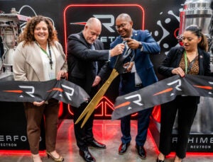 Rocket Lab Engine Development Center official opening in Long Beach. From left: Long Beach Councilwoman Megan Kerr, Rocket Lab CFO Adam Spice, Long Beach Mayor Rex Richardson, and California State Senator Lena Gonzalez. Photo: Business Wire