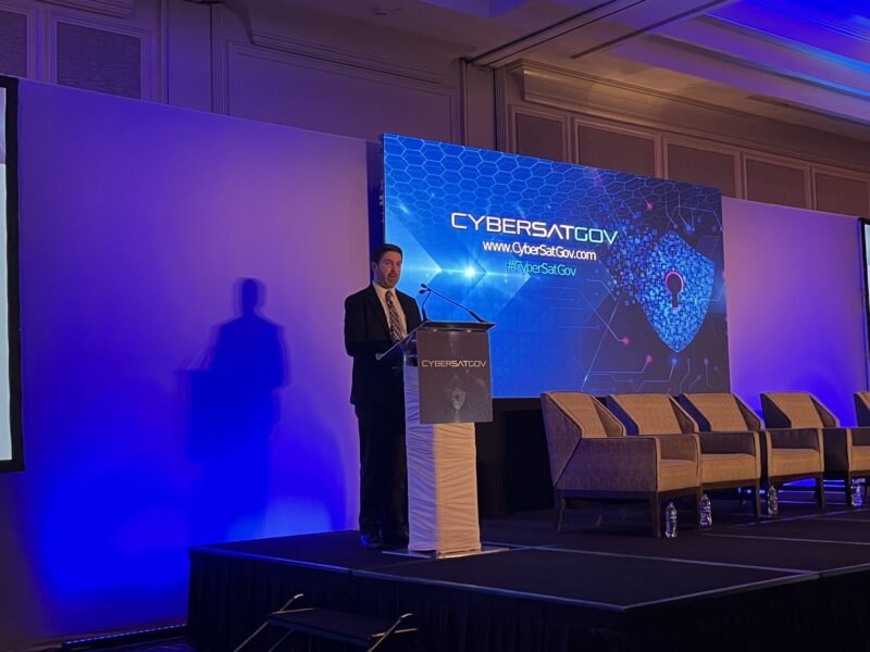 Nicholas Leiserson, assistant NCD for Cyber Policy and Programs in the Office of the National Cyber Director, speaks at CyberSatGov on Nov. 6, 2023. Photo: Via Satellite 