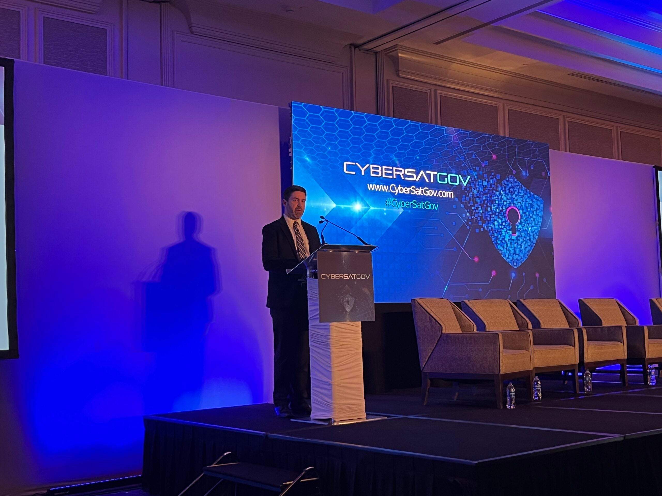 Nicholas Leiserson, assistant NCD for Cyber Policy and Programs in the Office of the National Cyber Director, speaks at CyberSatGov on Nov. 6, 2023. Photo: Via Satellite