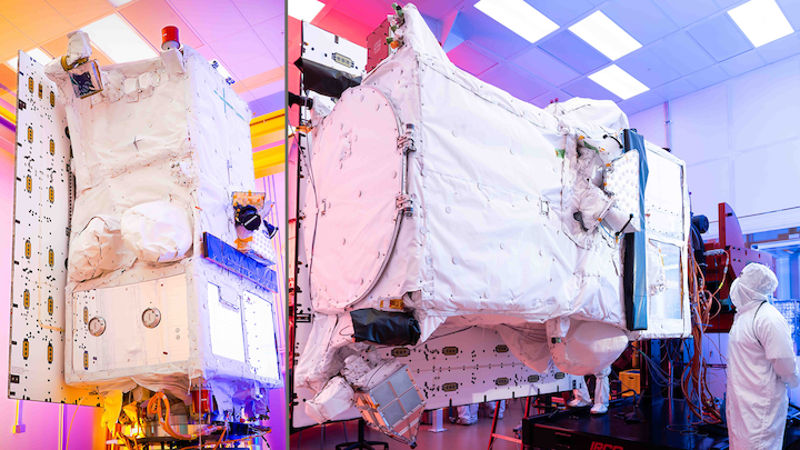 The first two WorldView Legion spacecraft at Maxar Space Systems’ manufacturing facility in Palo Alto, California, ahead of shipment to launch base. Photo: Maxar