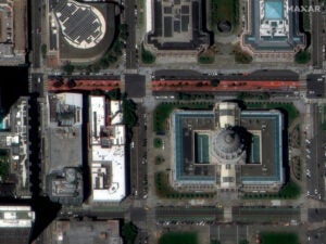 This WorldView Legion image show small details on, and around, San Francisco City Hall. Photo: Maxar Intelligence